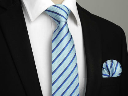 [Like New] HISDERN Men's Silk Striped Necktie & Handkerchief Set Light Green Size 8.5cm