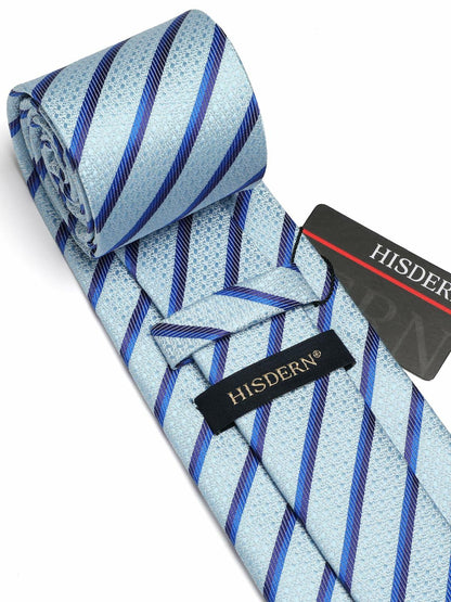 [Like New] HISDERN Men's Silk Striped Necktie & Handkerchief Set Light Green Size 8.5cm