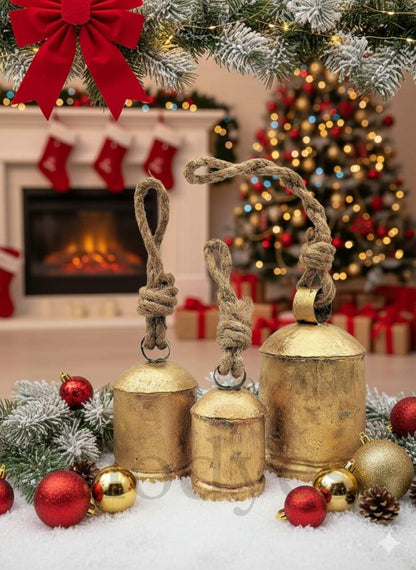[Like New] NODYES Set of 3 Giant Rustic Harmony Bells 17in Gold Handmade Metal