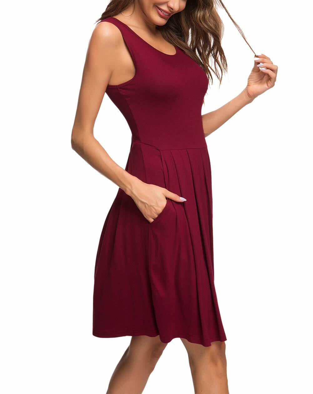AUSELILY Women's Sleeveless Pleated Loose Swing Dress Wine Red Size XL