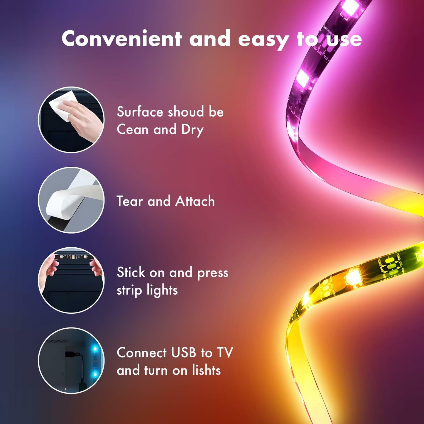DTQJ RGB LED TV Backlight Strip 13.1ft USB Music Sync Bluetooth Remote