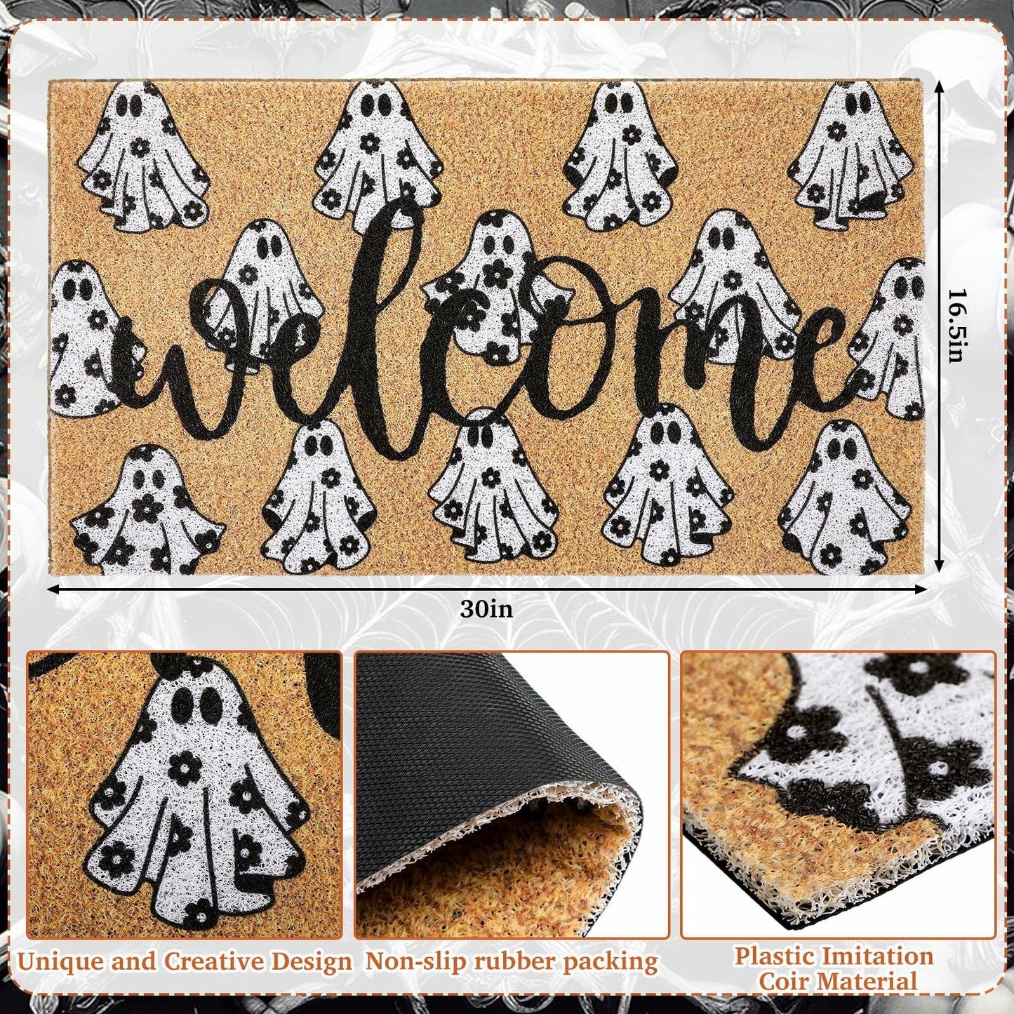 Dunzy Halloween Ghost Welcome Doormat Black Brownish Yellow 17x29 Rectangular
