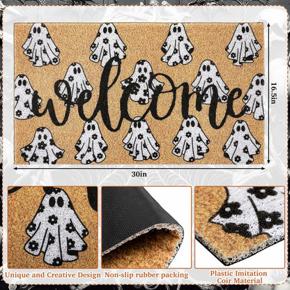 Dunzy Halloween Ghost Welcome Doormat Black Brownish Yellow 17x29 Rectangular