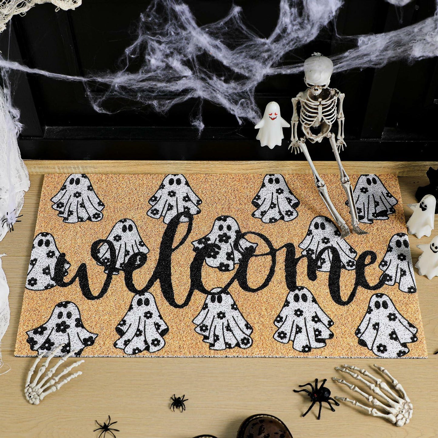 Dunzy Halloween Ghost Welcome Doormat Black Brownish Yellow 17x29 Rectangular