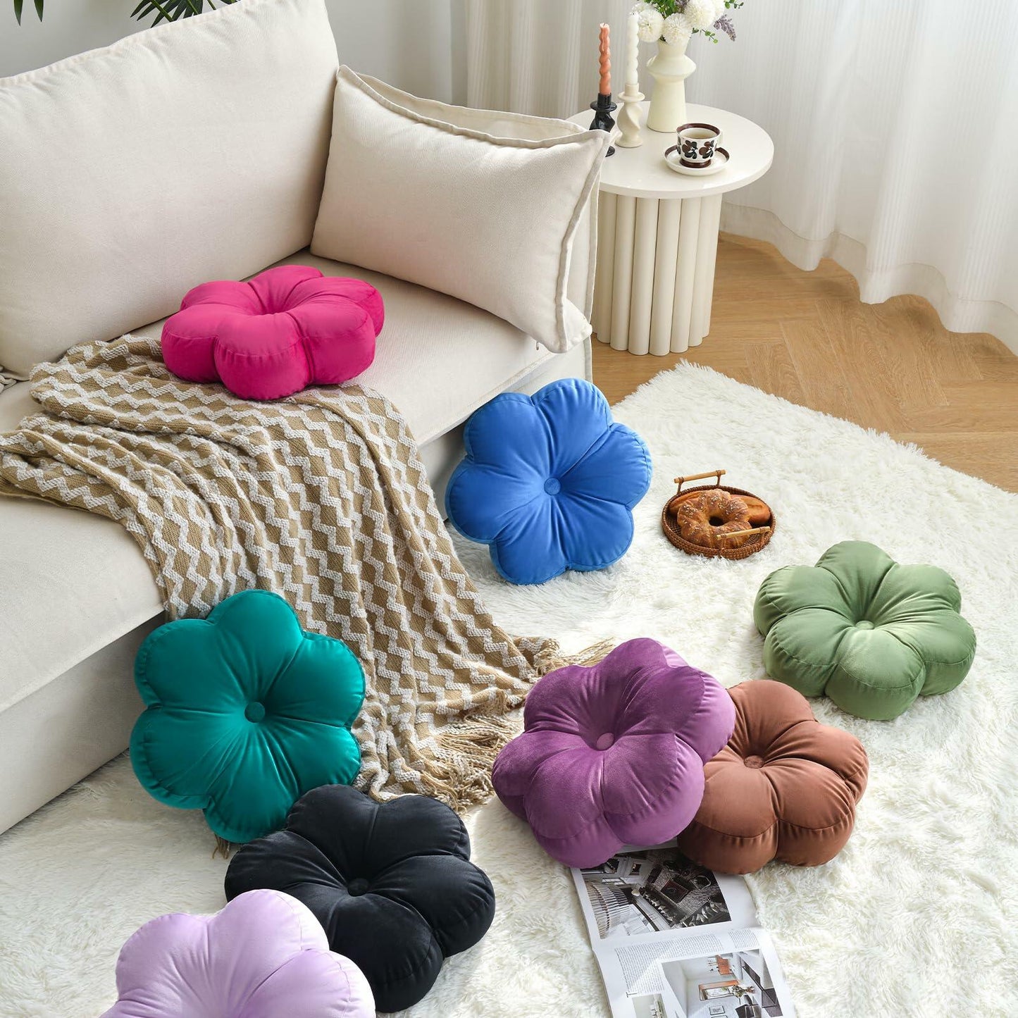 Xuyier Flower Shaped Velvet Throw Pillow 15in Black Floral Modern Decor