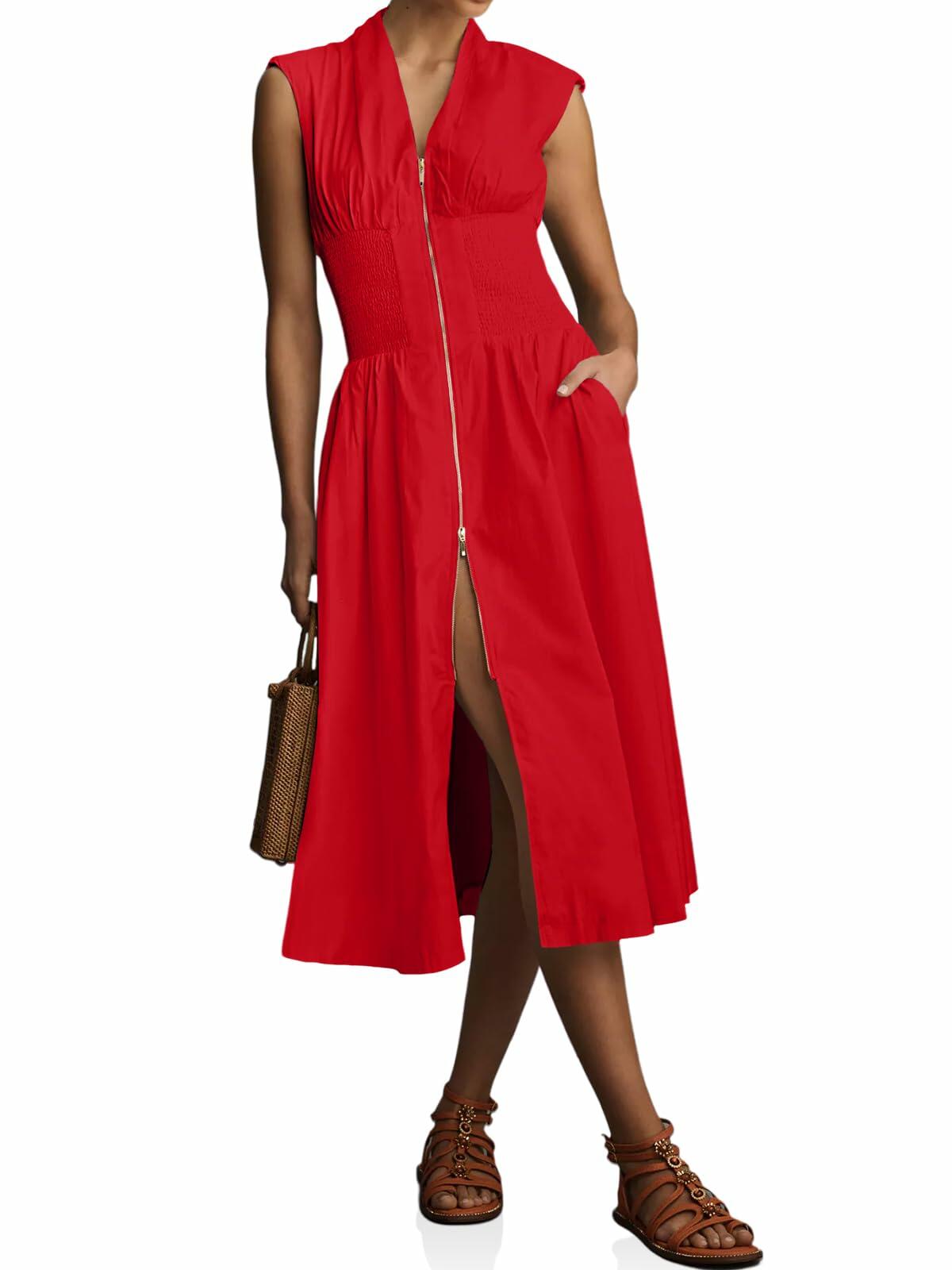 Wenrine Womens Summer Smocked Midi Dress V Neck Cap Sleeve Red Size M