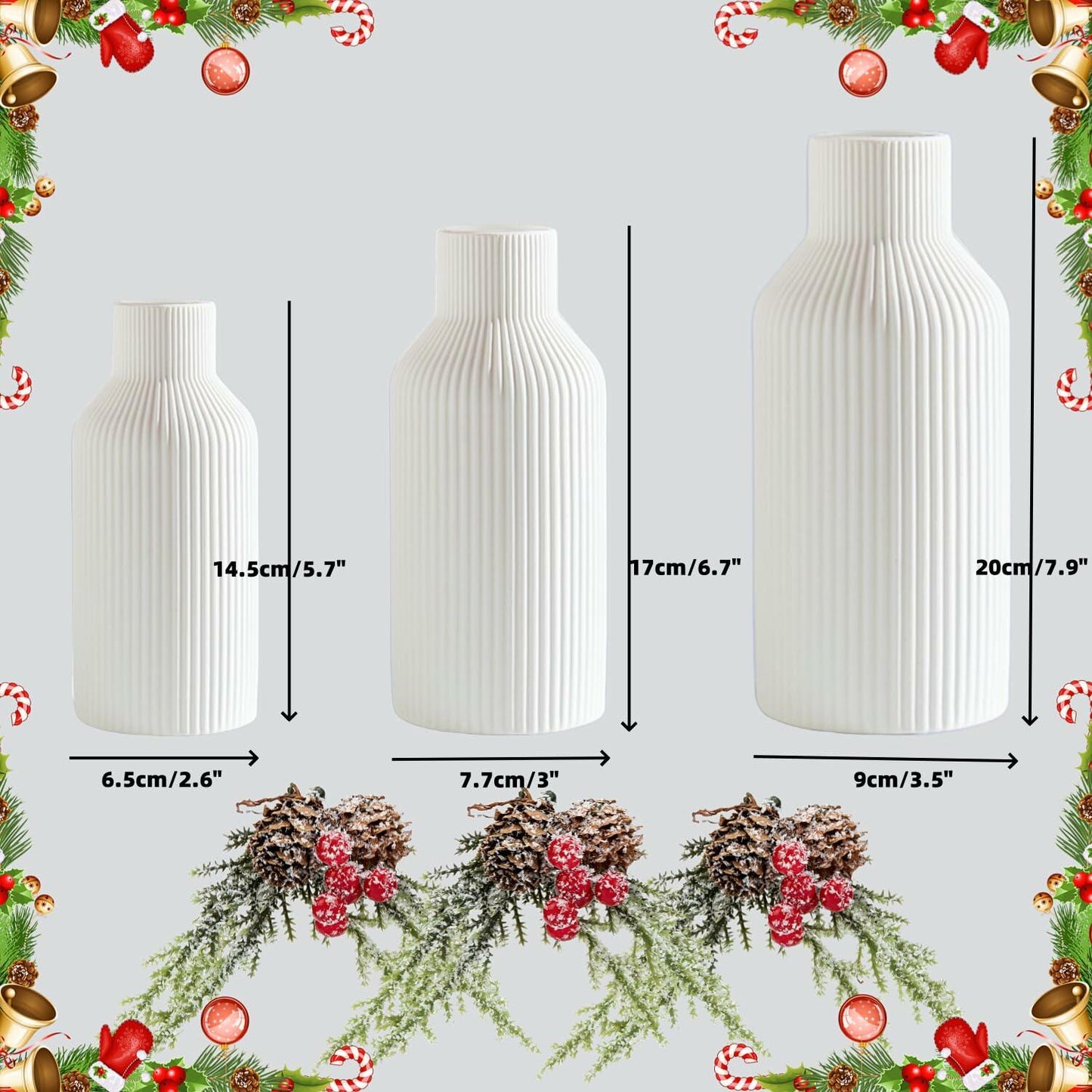 Brighomrom Christmas Ceramic Vases Set of 3 White Ribbed Pineflower Rings
