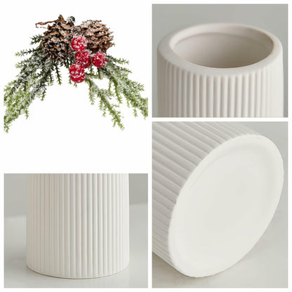 Brighomrom Christmas Ceramic Vases Set of 3 White Ribbed Pineflower Rings