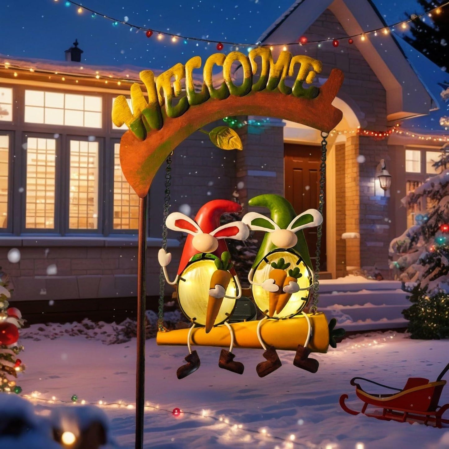 HONGLAND Solar Christmas Gnomes Outdoor Decor Orange Rabbit Welcome Sign