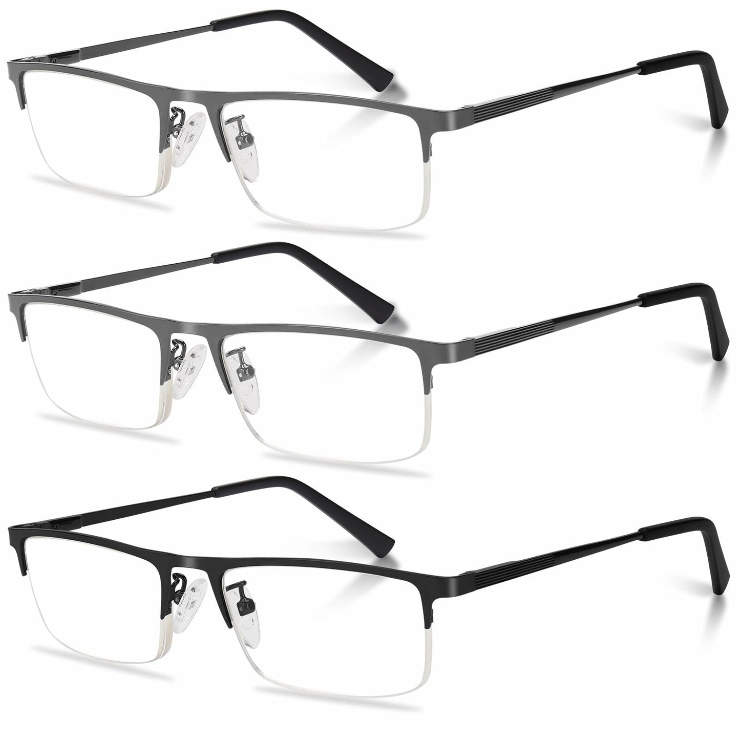 Anourney 3-Pack Men’s Reading Glasses Half Frame Blue Light +3.0 Gray/Black