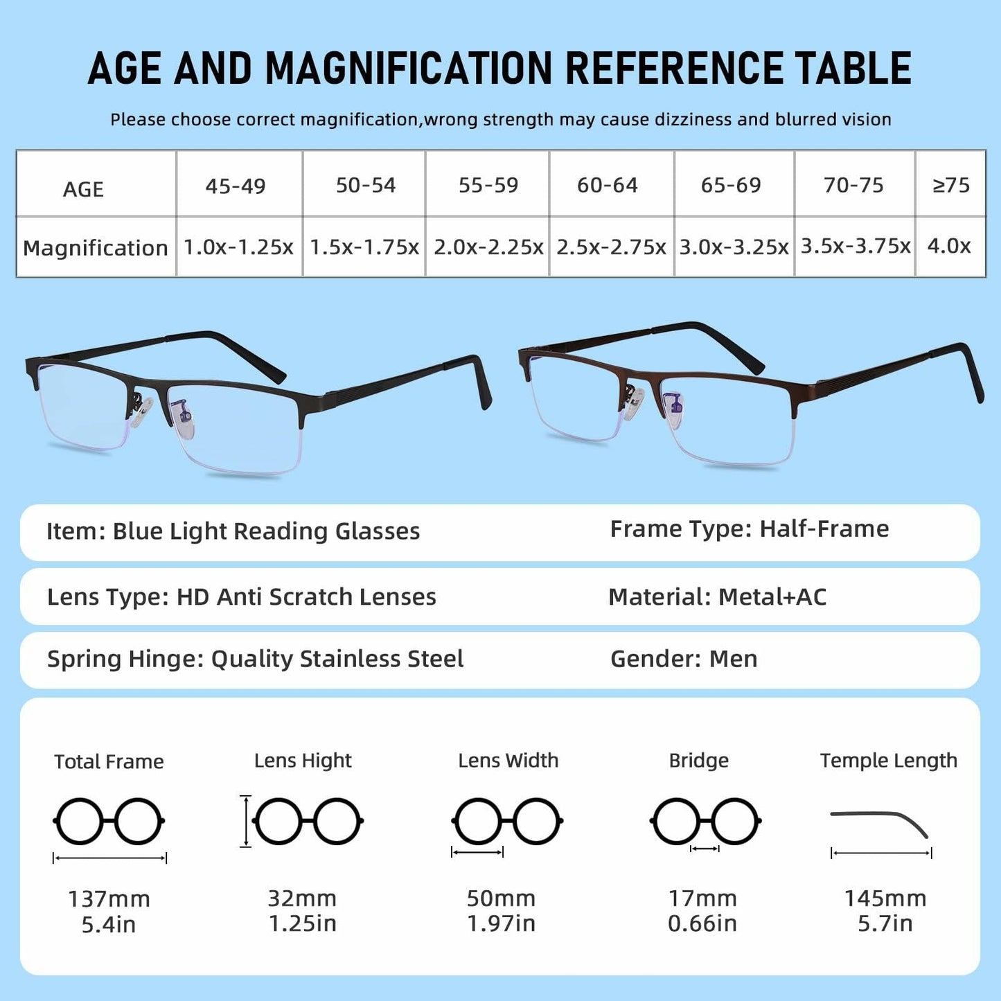 Anourney 3-Pack Men’s Reading Glasses Half Frame Blue Light +3.0 Gray/Black
