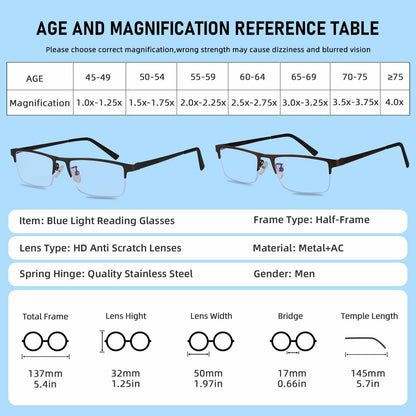 Anourney 3-Pack Men’s Reading Glasses Half Frame Blue Light +3.0 Gray/Black