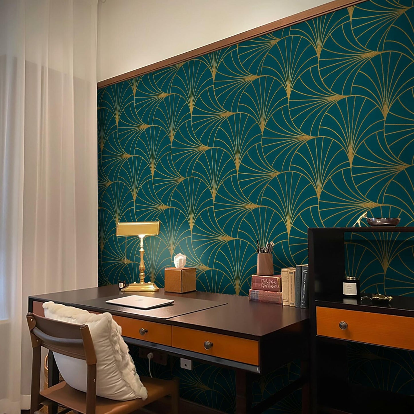Safiyya Peel & Stick Wallpaper 393x17.3in Gold White Geometric Stripe Vinyl