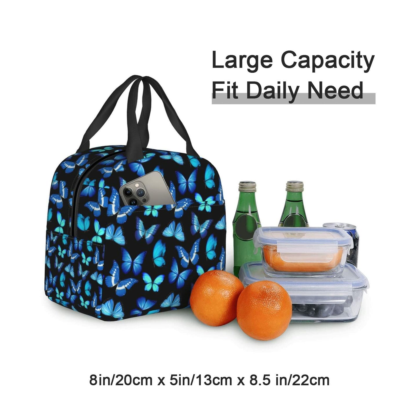 COWDIY Insulated Lunch Bag Black Blue Butterfly Print Waterproof Tote 5.3L