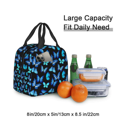 COWDIY Insulated Lunch Bag Black Blue Butterfly Print Waterproof Tote 5.3L