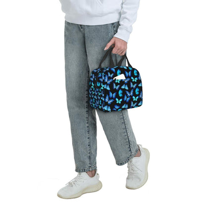 COWDIY Insulated Lunch Bag Black Blue Butterfly Print Waterproof Tote 5.3L