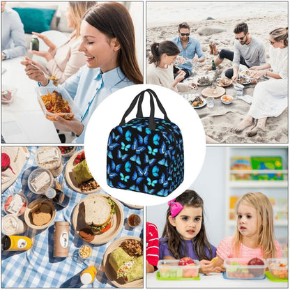 COWDIY Insulated Lunch Bag Black Blue Butterfly Print Waterproof Tote 5.3L