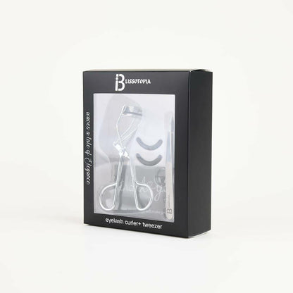 BLISSOTOPIA 2-in-1 Eyelash Curler and Tweezer Set Silver Travel Friendly