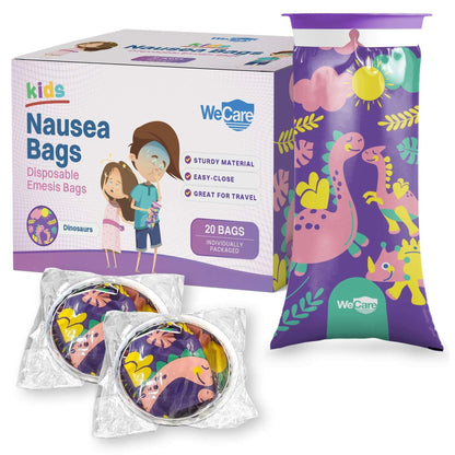 Kids Vomit Bags 20 Pack Disposable Leak Proof Self Sealing Dinosaur Print
