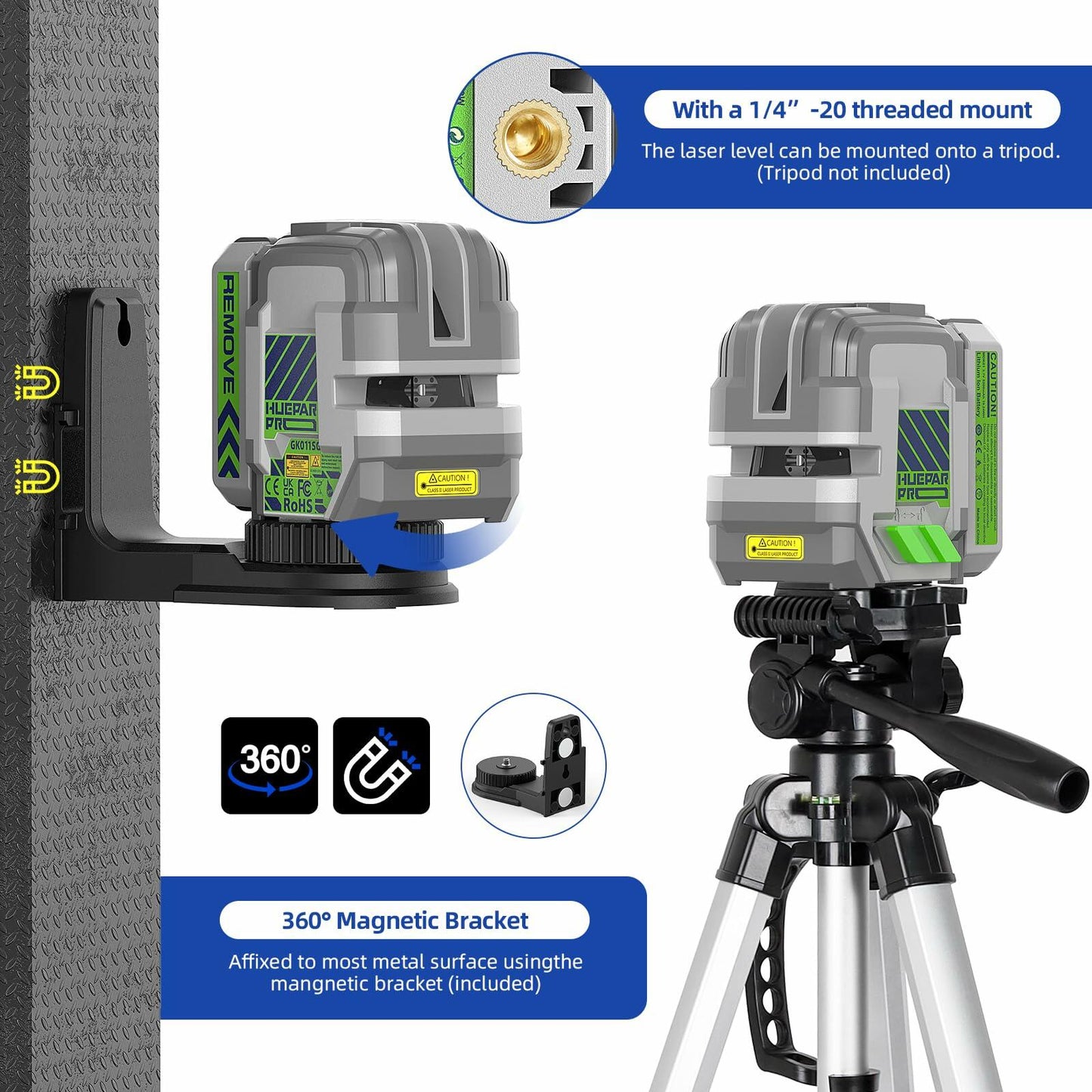 Huepar Pro Rechargeable Green Cross Line Laser Level 360° Magnetic Bracket