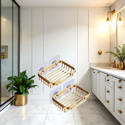 2Pcs Gold Soap Dish Hanging Drain Rack Self Adhesive Bathroom Accessories