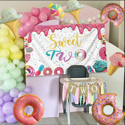 xuanflyF Donut Sweet Two Birthday Party Backdrop Banner 5x3ft Pink Cotton