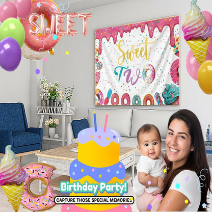 xuanflyF Donut Sweet Two Birthday Party Backdrop Banner 5x3ft Pink Cotton