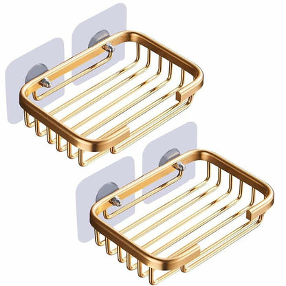 2Pcs Gold Soap Dish Hanging Drain Rack Self Adhesive Bathroom Accessories