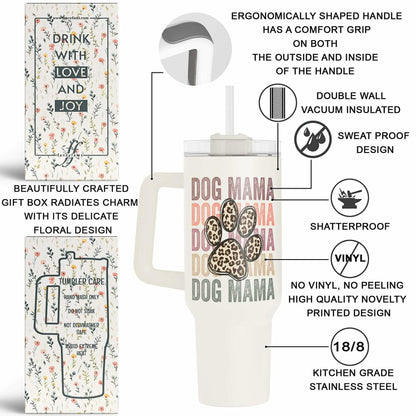 Fancyfams 40oz Stainless Steel Tumbler Dog Mama Handle Lid Straw Cream
