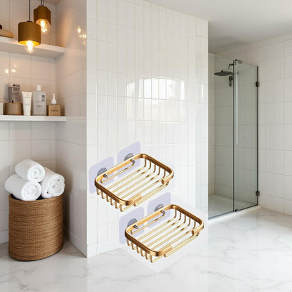 2Pcs Gold Soap Dish Hanging Drain Rack Self Adhesive Bathroom Accessories