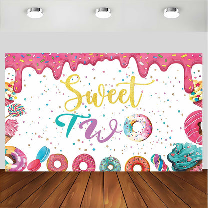 xuanflyF Donut Sweet Two Birthday Party Backdrop Banner 5x3ft Pink Cotton
