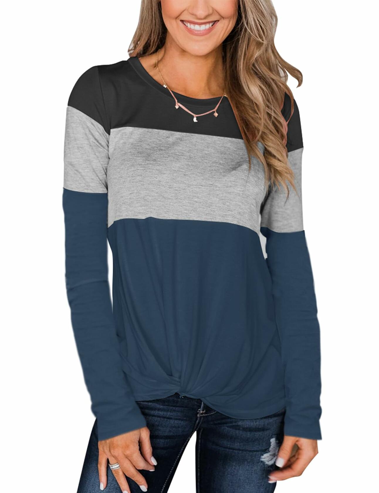 Minthunter Women's Long Sleeve Color T Shirt Round Neck Grey-Pink-Blue Size L