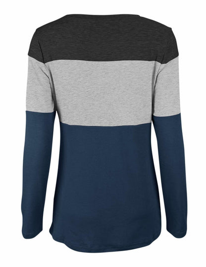 Minthunter Women's Long Sleeve Color T Shirt Round Neck Grey-Pink-Blue Size L