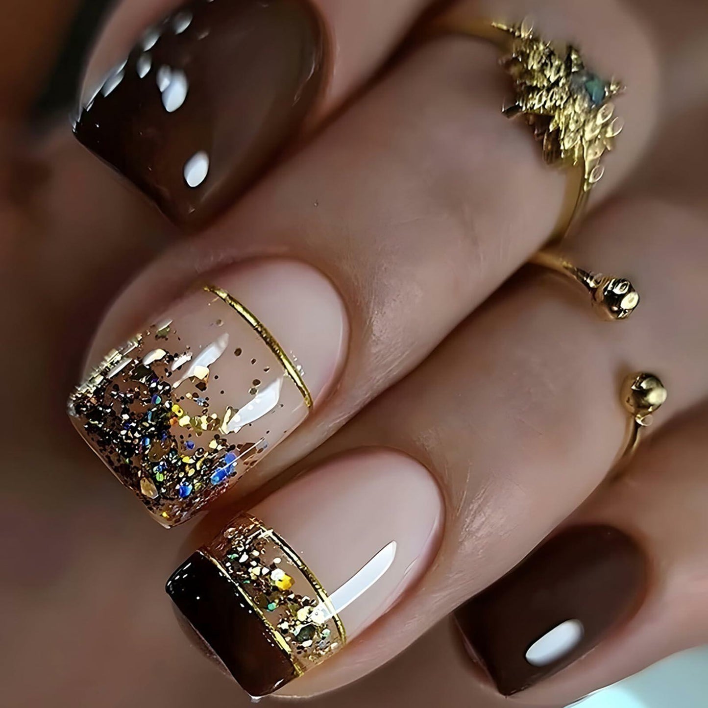 Brown Press On Nails Short Square Glitter Nude Brown Full Cover 24 Pcs