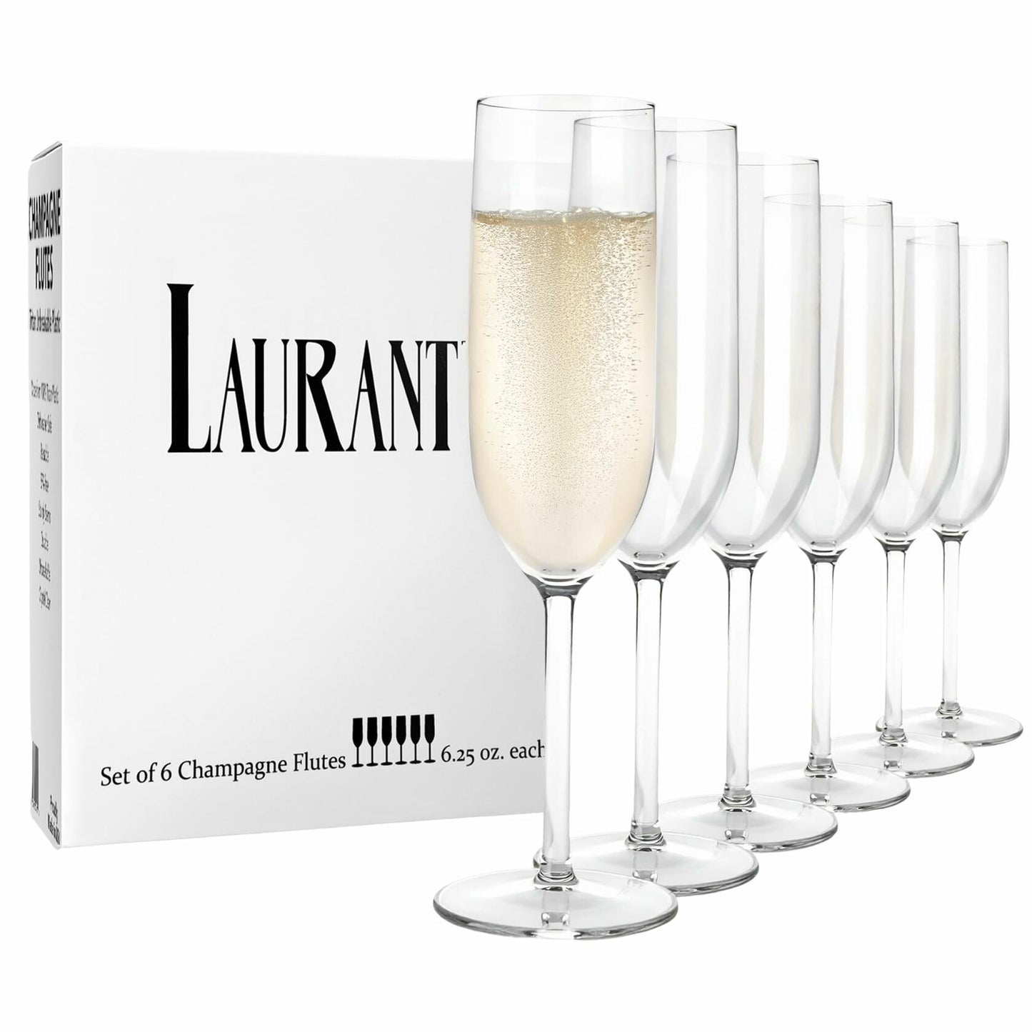 LAURANT Crystal Clear Plastic Champagne Flutes 6.25oz Set of 6 BPA Free USA