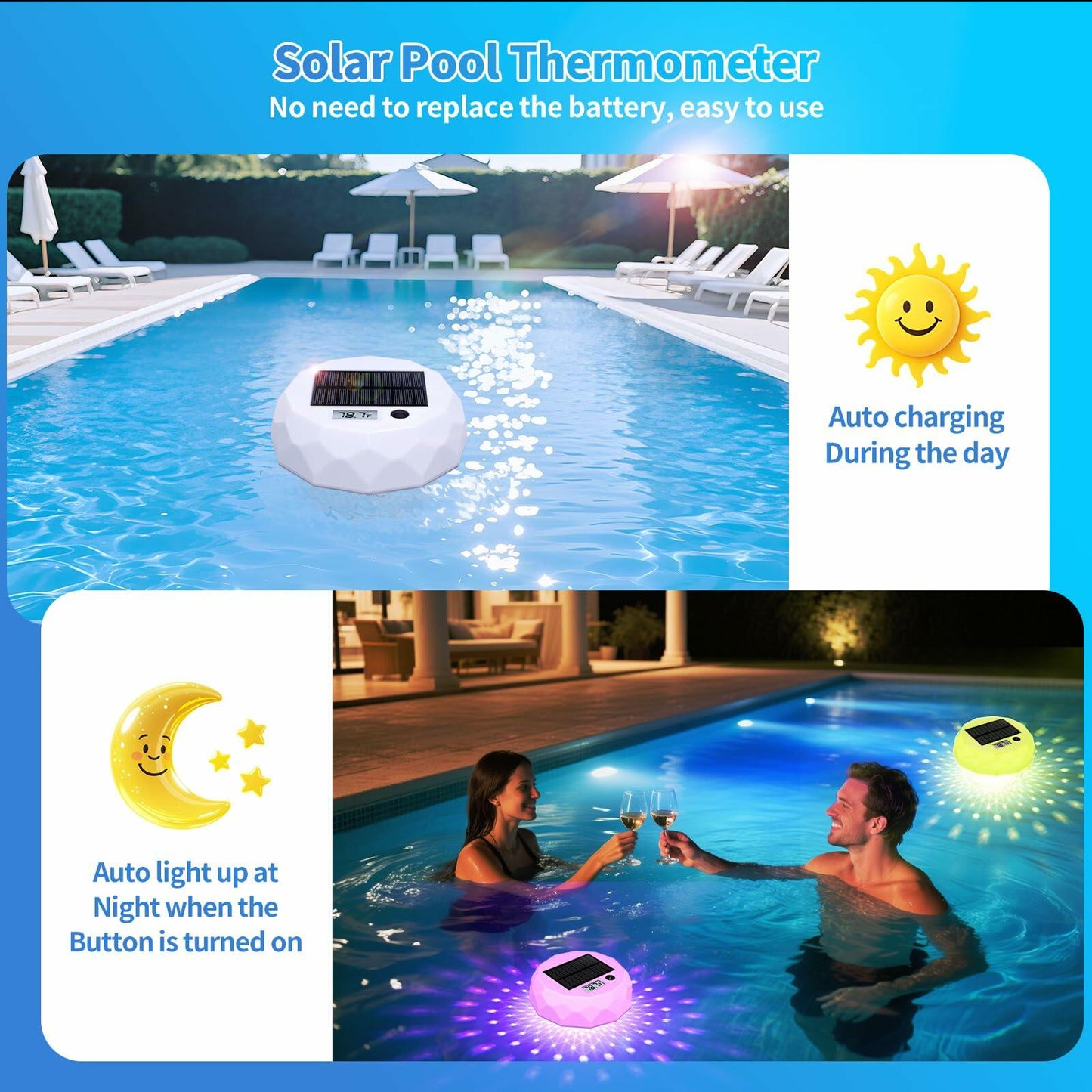 Glarepo Digital Pool Thermometer Floating Large LCD Solar Powered Colorful 1in