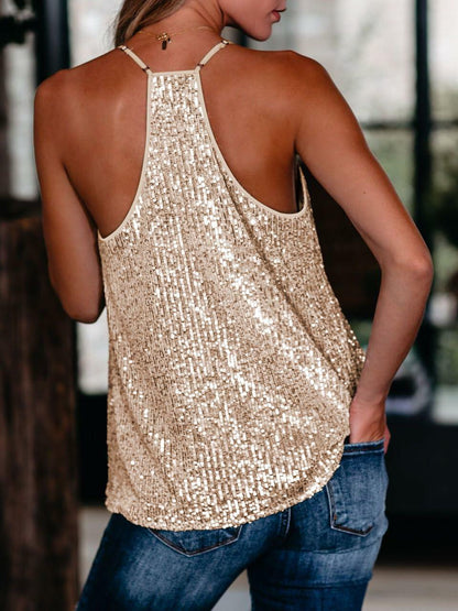 miduo Womens Sequin V Neck Strappy Tank Top Gold Size S
