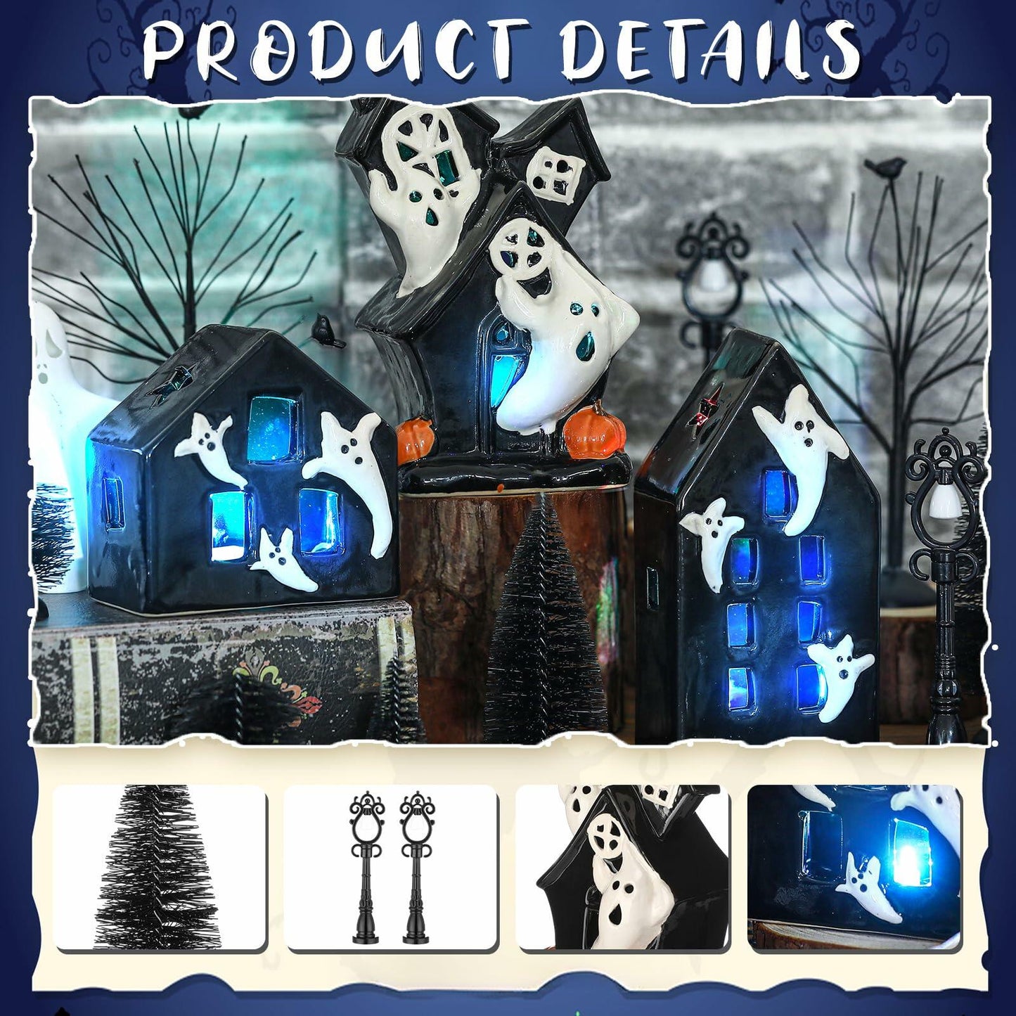 VioraWhite 15 Pcs Lighted Ceramic Halloween Village Accessories Set Black