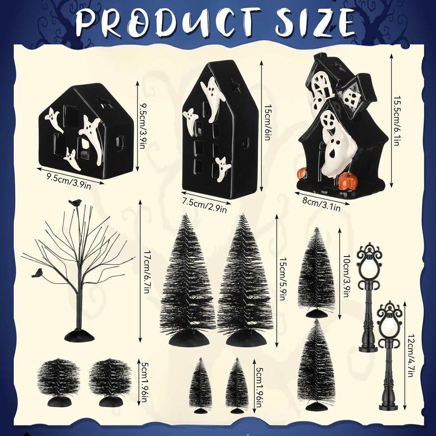VioraWhite 15 Pcs Lighted Ceramic Halloween Village Accessories Set Black