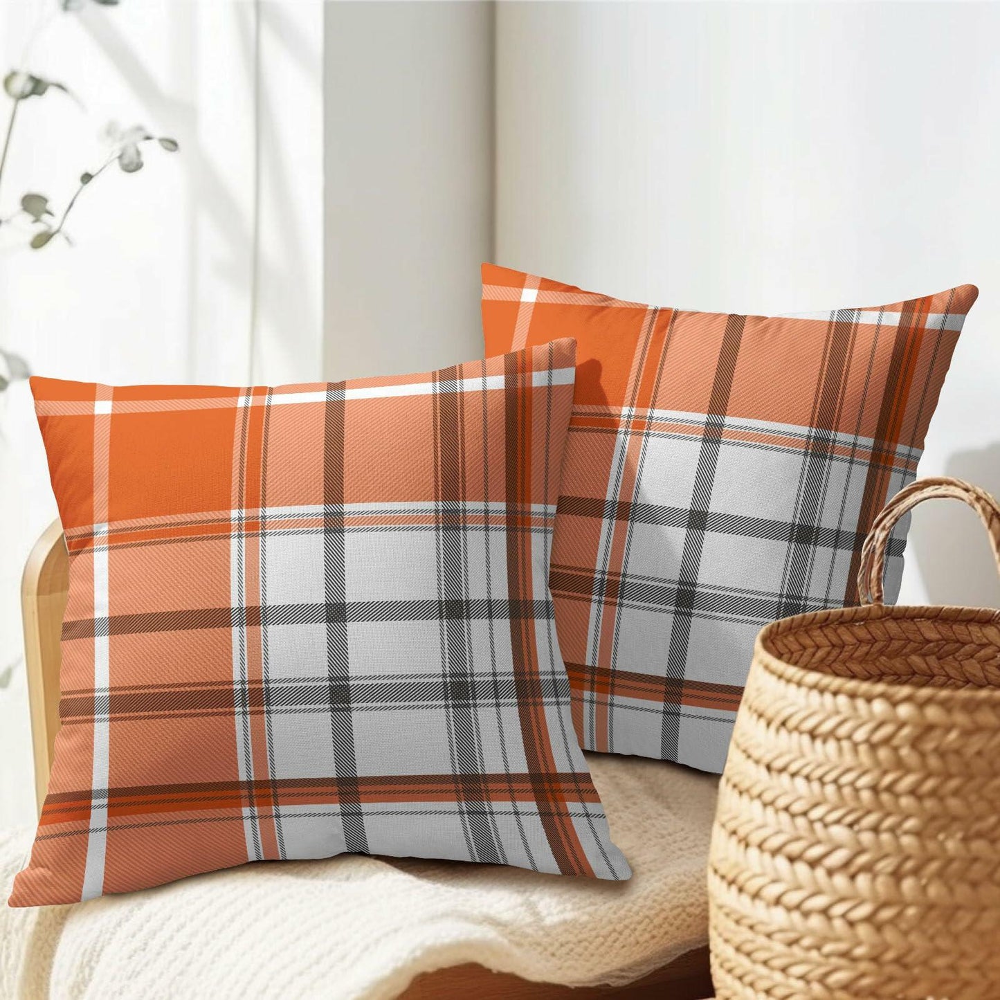 Kcozydecor Fall Pillow Covers 20x20 Orange White Plaid Set of 2 Linen