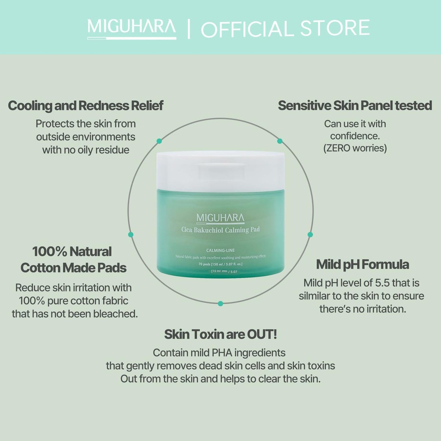 best by 02/2027 MIGUHARA Cica Bakuchiol Calming Pad Korean Skincare Toner Pad 70