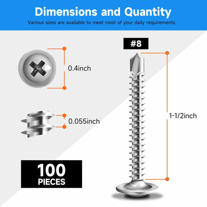 Marysino 100Pcs #8x1-1/2" 410 Stainless Steel Self Tapping Screws Metal