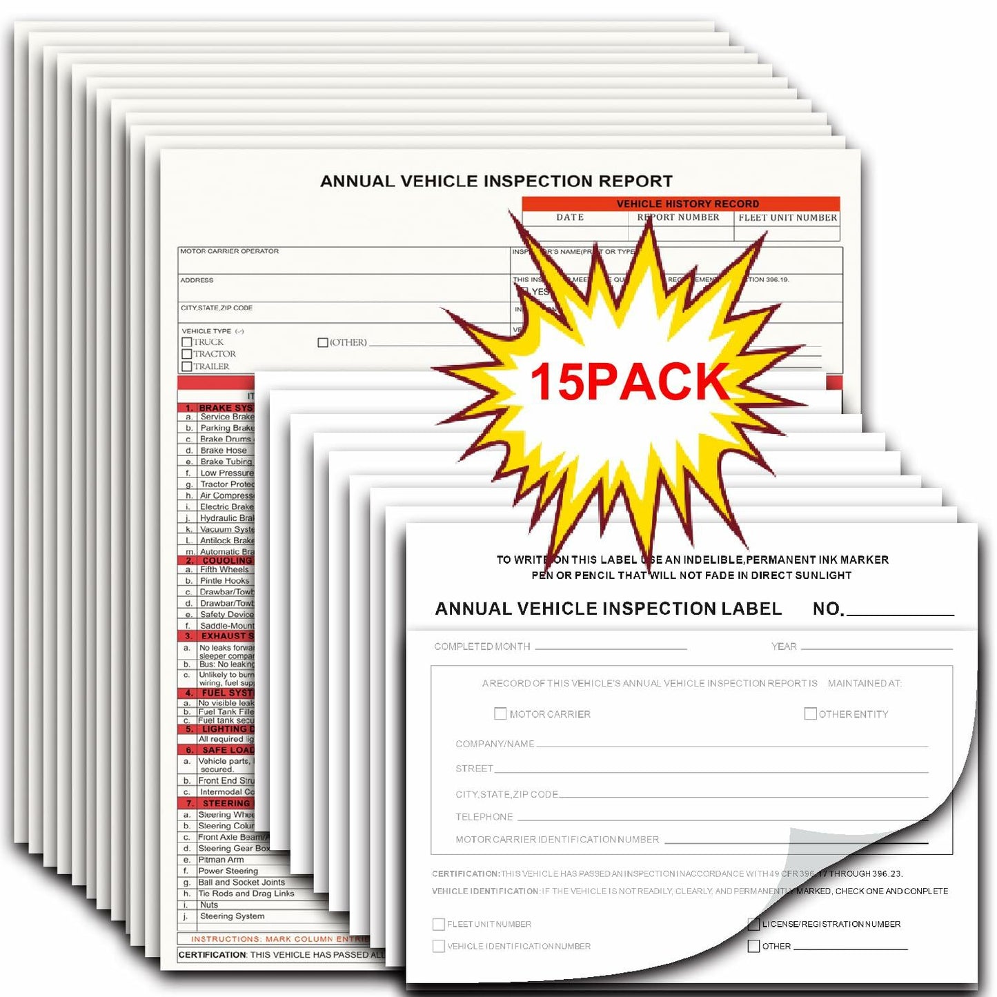 KIKIGO DOT Inspection Forms Annual Vehicle Report 2-Ply 3-Ply Carbonless 15 Pack
