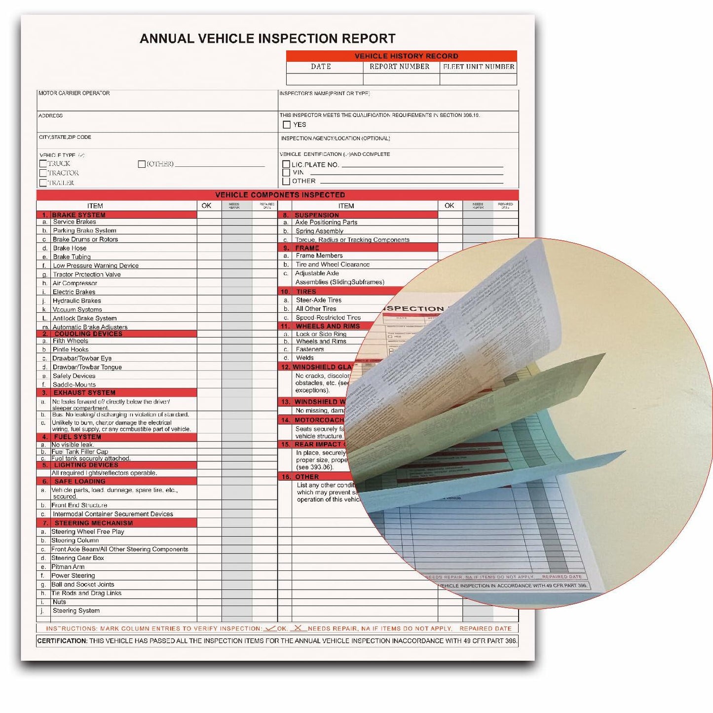 KIKIGO DOT Inspection Forms Annual Vehicle Report 2-Ply 3-Ply Carbonless 15 Pack