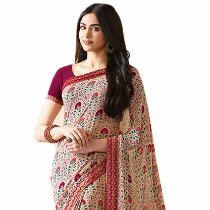 MOHIT CREATIONS Women's Partywear Printed Saree Pink Wool Georgette One Size