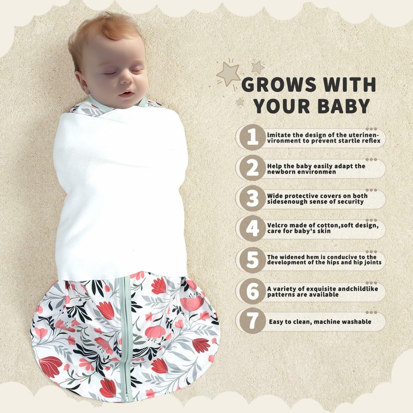 GUNTAIL Baby Sleep Sack Swaddle 3Way Adjustable Rayon Cotton Banana&Flower 6-12M