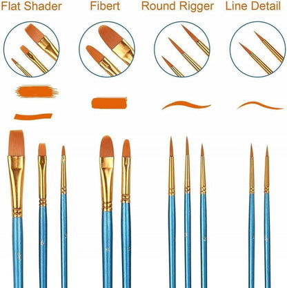 AROIC 10 Pcs Acrylic Paint Brush Set Nylon Hair Watercolor Oil Paint