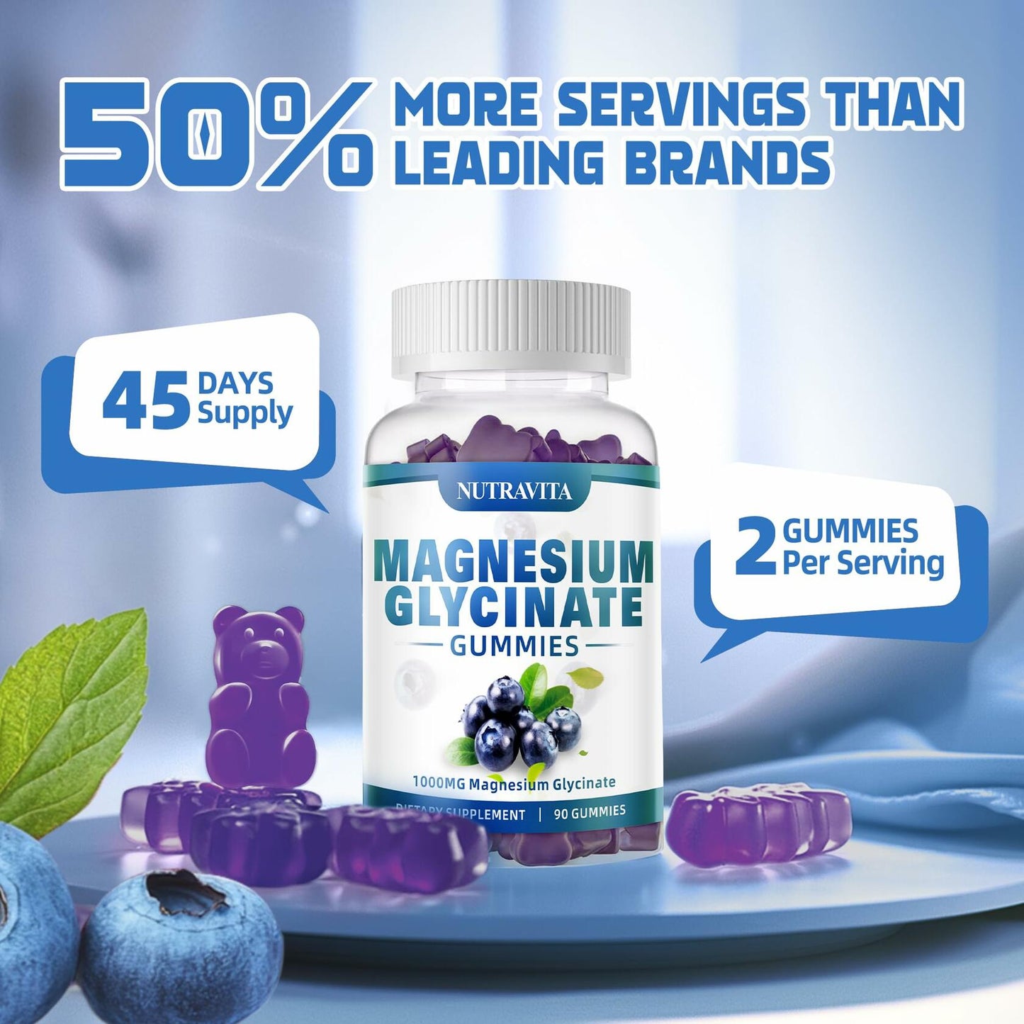 BestBy09/26 Nutravita Magnesium Glycinate Gummies 1000mg 90ct Blueberry
