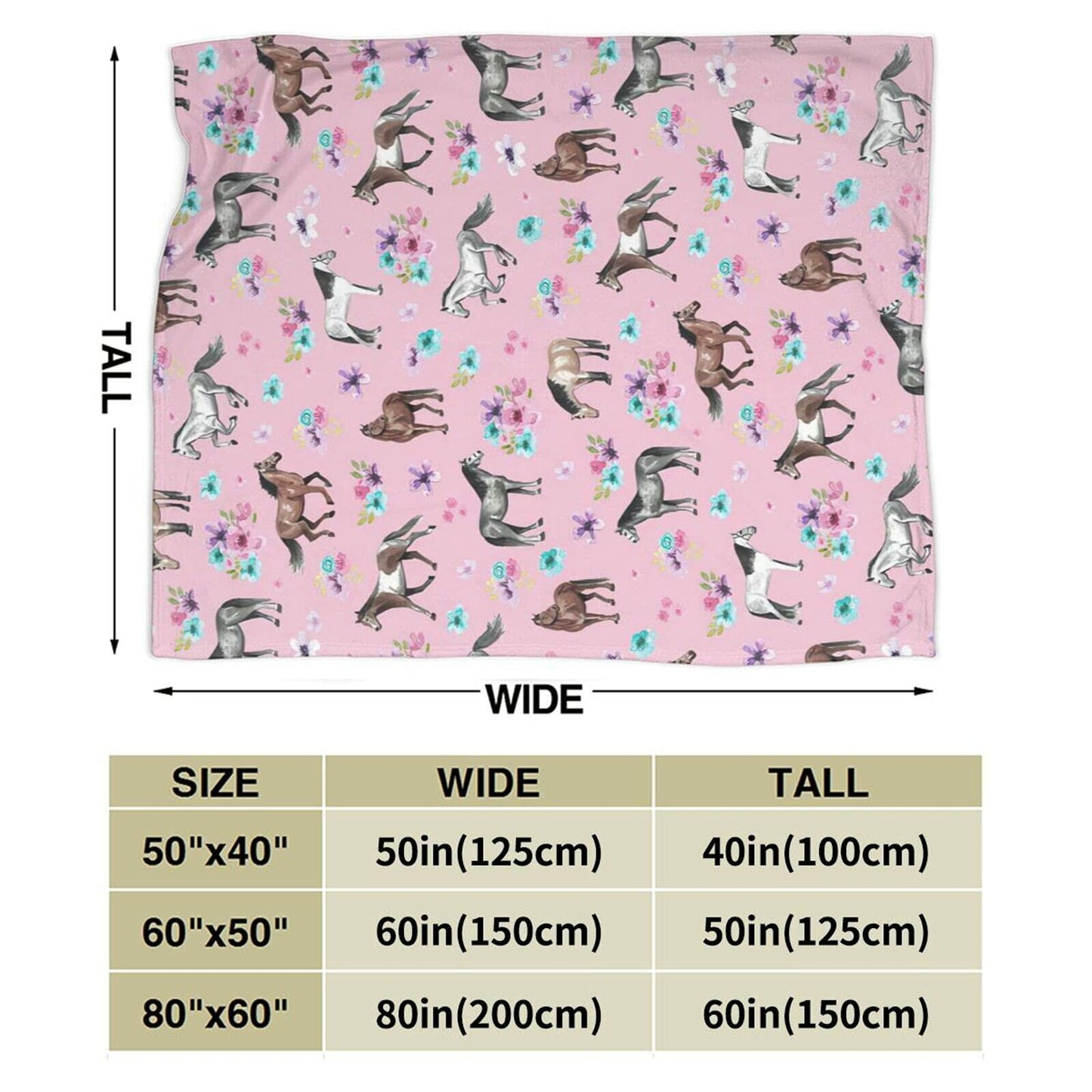 Knsoiv 3D Flannel Plush Throw Blanket Pink Horses Flowers Floral 50x40