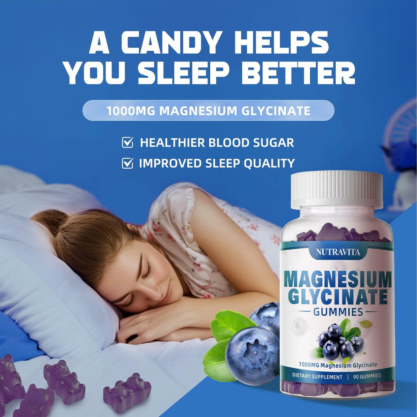 BestBy09/26 Nutravita Magnesium Glycinate Gummies 1000mg 90ct Blueberry